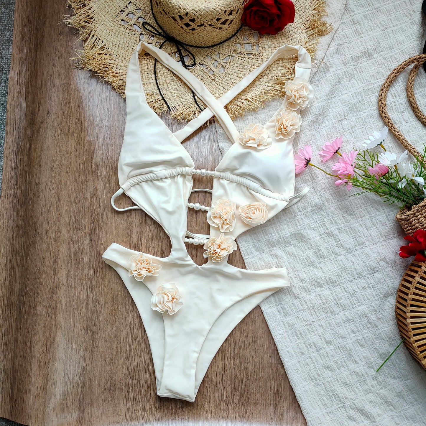 2026 New 3D Flowers One Piece Swimsuit Women Solid Sexy Hollow Out Swimwear Tropical Summer Beachwear Bathing Suit Bodysuit