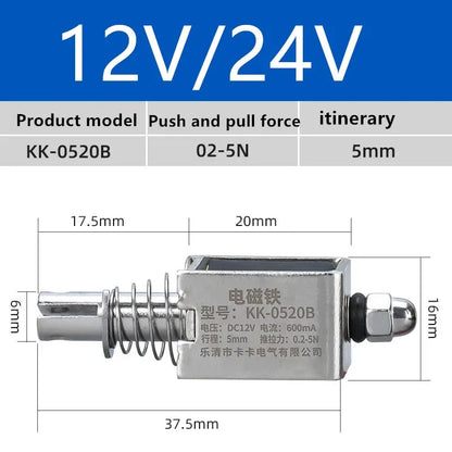 DC12V 24V Through Push Pull Small DC Electromagnet 0520B 0530B 0630B 0730B Strong Pull Switch 5N Stroke Magnet