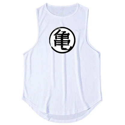 Japanese Anime Turtle Script Printed Summer Fitness Sports Tank Tops Men Gym Clothing Workout Sleeveles Shirt Loose Running Vest