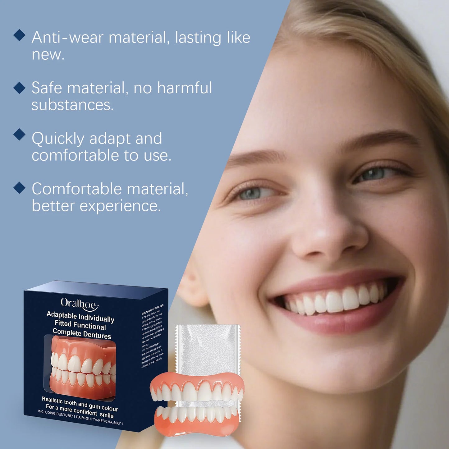 Adjustable Teeth Dentures Full Set Whitening Silicone Denture Set Fit Temporary Orthodontic Teeth Dentures Fake Tooth Oral
