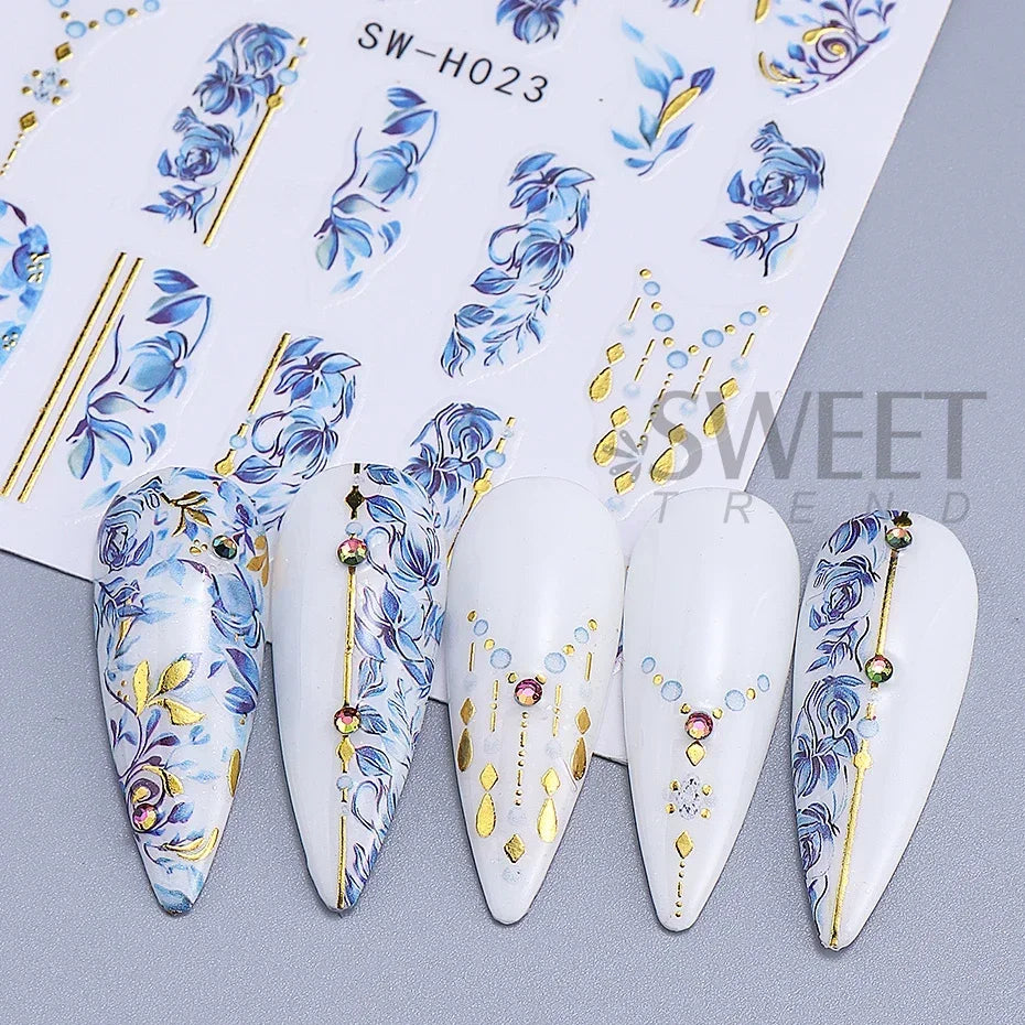 5pcs Metallic Gold Line Flower Nail Stickers 3D Bronzing Border Petals Sakura Leaf Nail Decals Slider DIY Elegant Manicure Decor