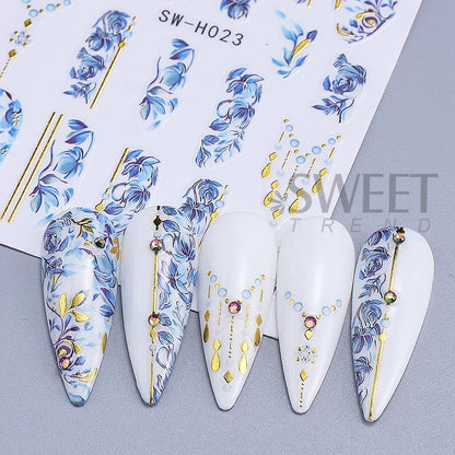 5pcs Metallic Gold Line Flower Nail Stickers 3D Bronzing Border Petals Sakura Leaf Nail Decals Slider DIY Elegant Manicure Decor