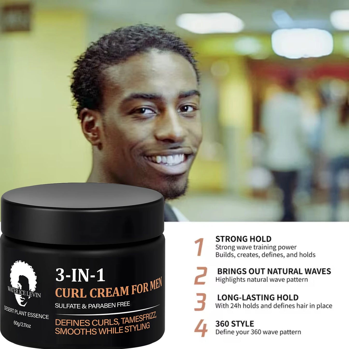 3-in-1 Curl Cream for Men, Sulfate & Paraben Free, Defines Curls & Tames Frizz, Smooth Styling Cream.