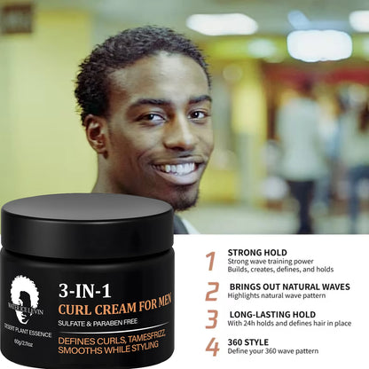 3-in-1 Curl Cream for Men, Sulfate & Paraben Free, Defines Curls & Tames Frizz, Smooth Styling Cream.