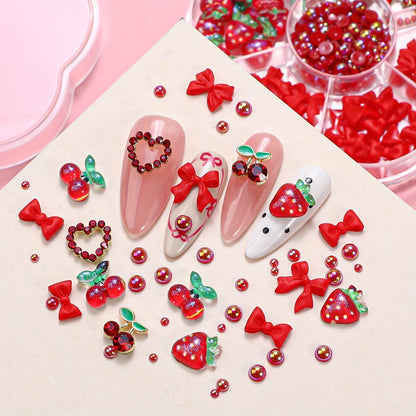 100PCS Random Mixed Strawberry Flowers Nail Charms Sweet Resin Flatback Moon Nail Art Decoration Accessories Manicure DIY