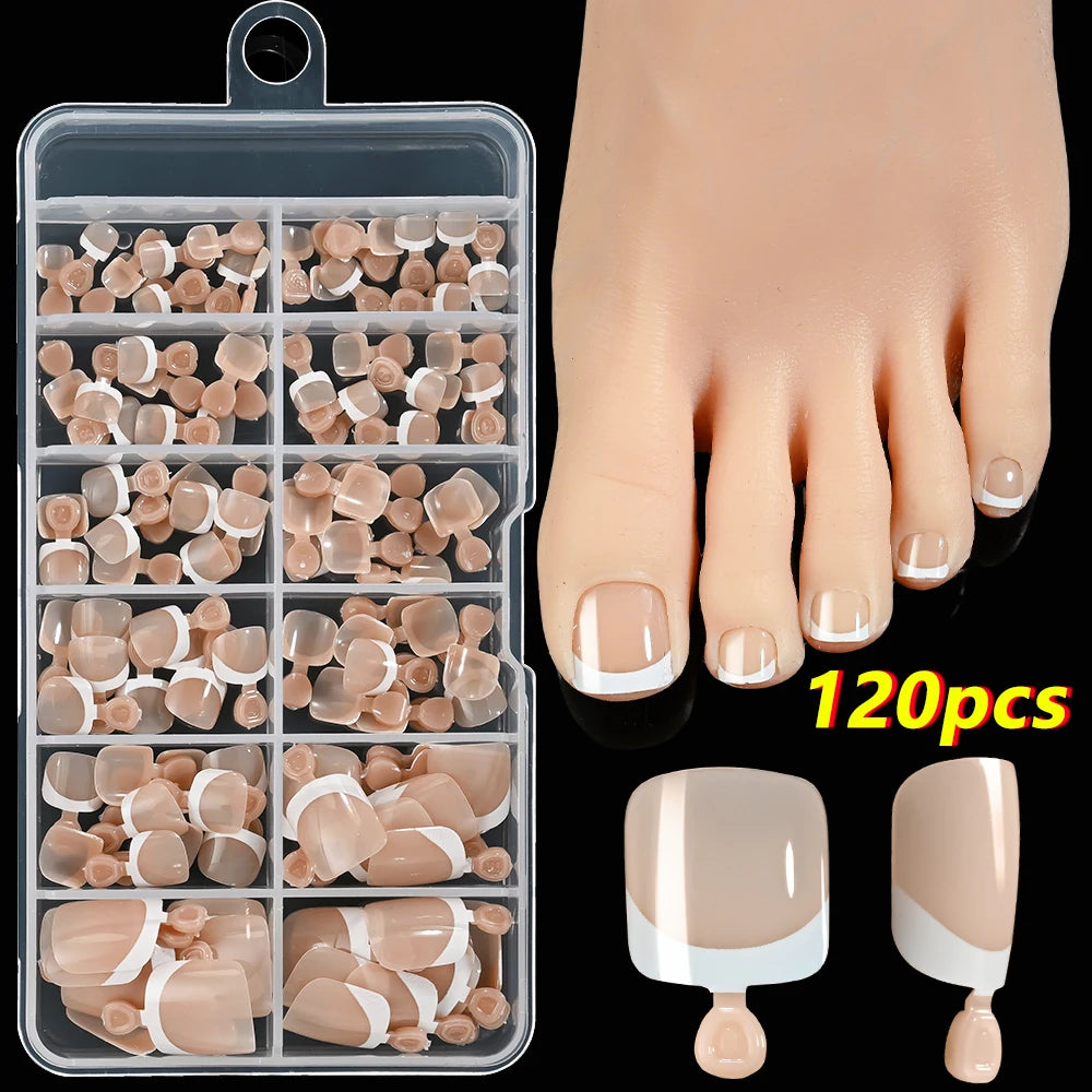 120Pcs 9-Colors French Fake Toenails Summer Short Sqaure Press On Toe Nails Tips Glossy Nude/Pink/Brown Full Cover False Toenail
