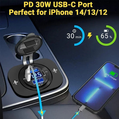 NEW 117W Dual PD Dual QC 3.0 USB Car Charger with Voltmeter Socket Power Outlet Adapter Waterproof for 12V/24V Car Boat Hot Sale