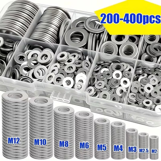 200/400pcs Stainless Steel Flat Washers Set (M2-M12) – Home DIY, Industrial Repair, Kitchen Decoration & Outdoor Maintenance