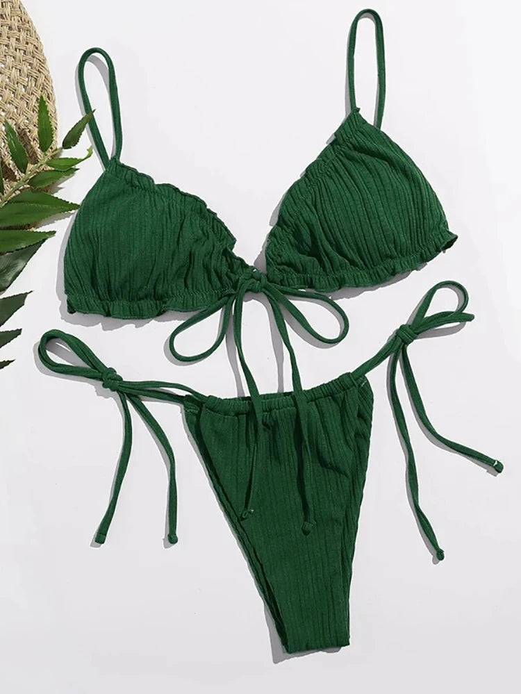 New 2025 Sexy Swimsuit Pit stripe Bikini Women Swimwear  Bathing Suits Push Up Biquinis Bandage Beachwear Solid Bikini Sets