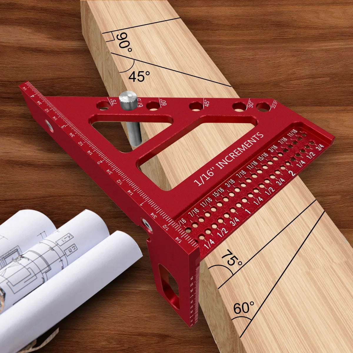 3D Multi-Angle Woodworking Square Protractor, Aluminum Alloy Miter Triangle Ruler T-Type Scriber - 22.5/30/45/60/67.5/90 Degree
