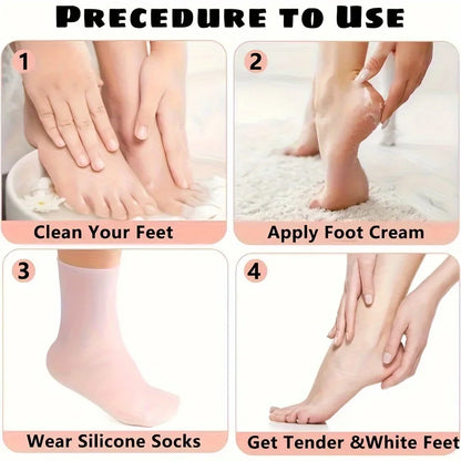 Silicone Moisturizing Foot Socks, 2 Pack, for Dry and Cracked Feet - with Body Lotion Soothing Massage Pedicure Care Kit