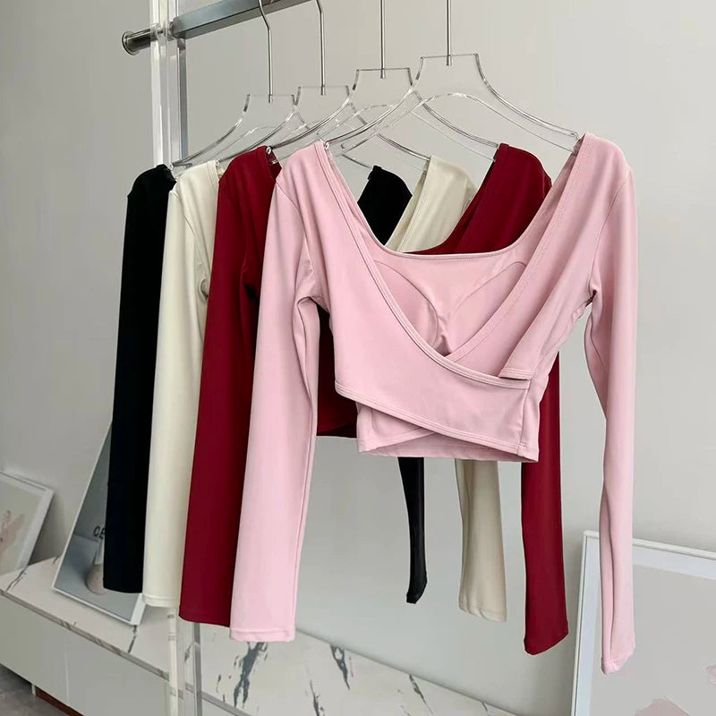 Autumn Slimming Long Sleeved Yoga Top Crossed Back with Fixed Chest Pads for Sports Running Fitness Tight Fitting Shirt