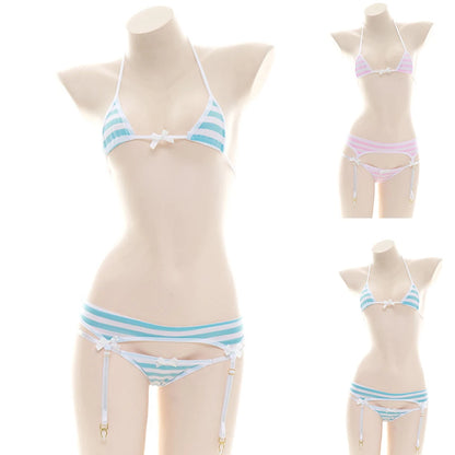 Sexy Bikini Set Women Strap Underwear Stripe Cute Lingerie Micro-Bikinis Swimwear Japanese Schoolgirl Anime Cosplay