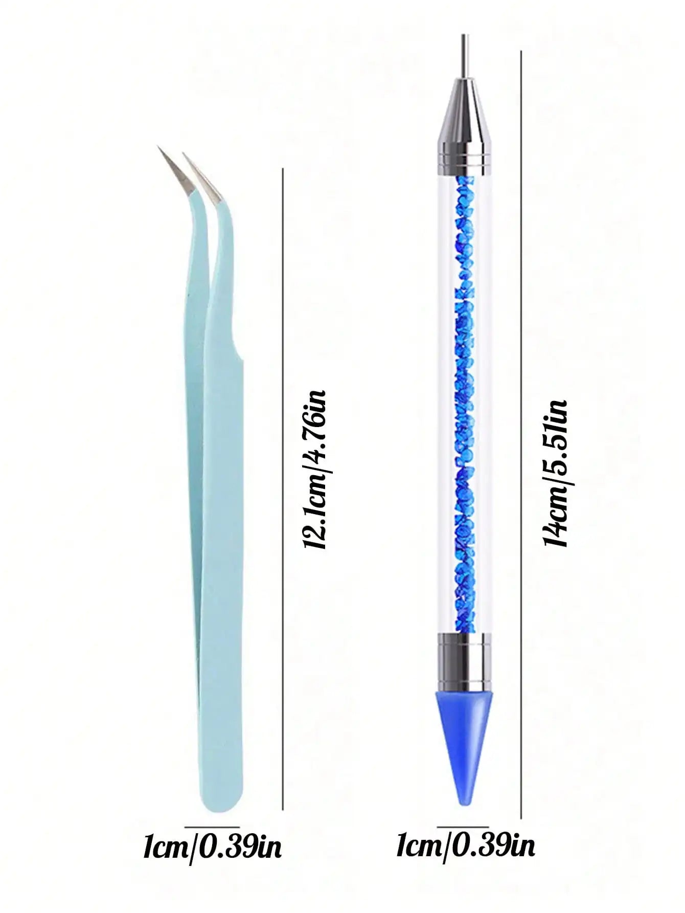 2Pcs set of manicure double-ended diamond pens with crayons stainless steel tweezers nail art grafting eyelashes manicure tools