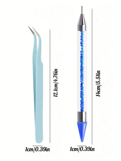 2Pcs set of manicure double-ended diamond pens with crayons stainless steel tweezers nail art grafting eyelashes manicure tools