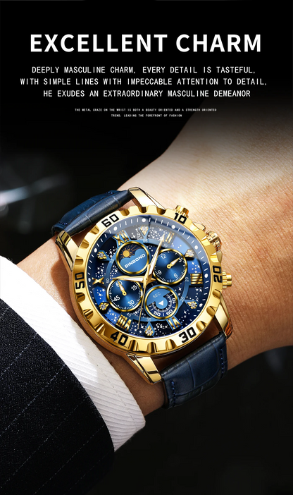 BINBOND Genuine accurate quartz wristwatches for men luxury luminous waterproof chronograph leather strap men's watch reloj