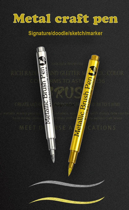 2/1Pc Brush Metallic Marker Pens Gold Silver Color Permanent Art Marker For Manga Crafts Scrapbooking School Stationery Supplies