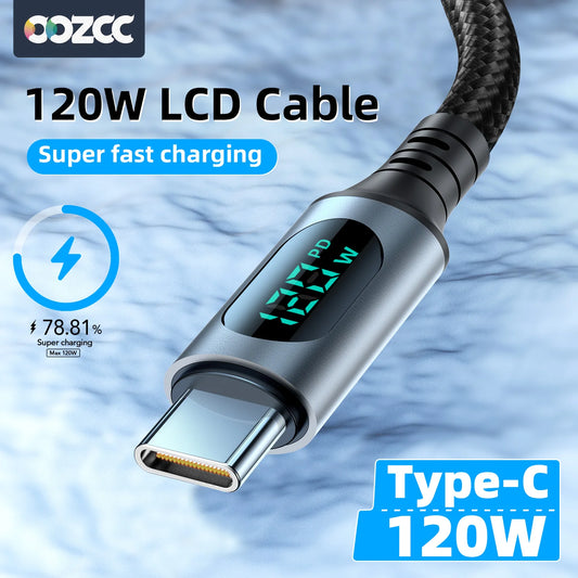 Ultra-Super Fast Charge Cable-6A 120W USB A To Type C Nylon Data Cord For Xiaomi Redmi Samsung With Led Digital Display Cable