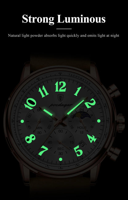 POEDAGAR Luxury Sports Men Watch Waterproof Luminous Leather Quartz Man Wristwatch Chronograph Date Military Men's Watches Reloj