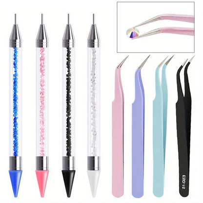 2Pcs set of manicure double-ended diamond pens with crayons stainless steel tweezers nail art grafting eyelashes manicure tools