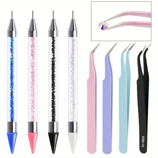 2Pcs set of manicure double-ended diamond pens with crayons stainless steel tweezers nail art grafting eyelashes manicure tools