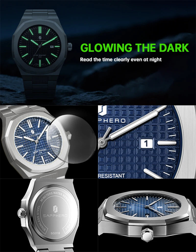 SAPPHERO Luxury Business Men's Watch Stainless Steel Waterproof Watch For Men Glowing Hand Date Function Tough Men Gift Watch