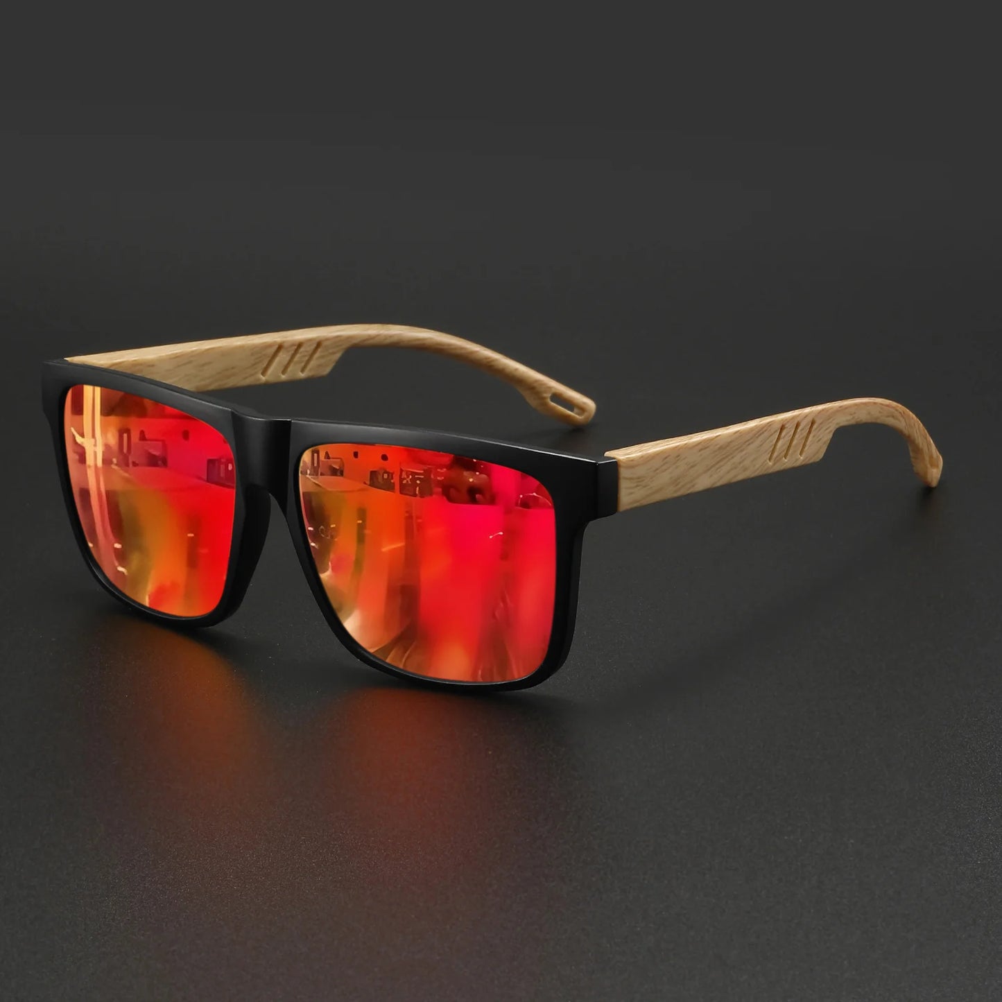 New Fashion Square Sunglasses - Wood Grain Spring Hinge, UV400 Unisex for Driving, Hiking & Travel