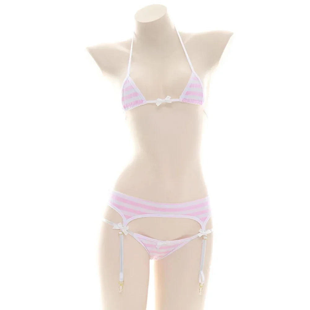Sexy Bikini Set Women Strap Underwear Stripe Cute Lingerie Micro-Bikinis Swimwear Japanese Schoolgirl Anime Cosplay