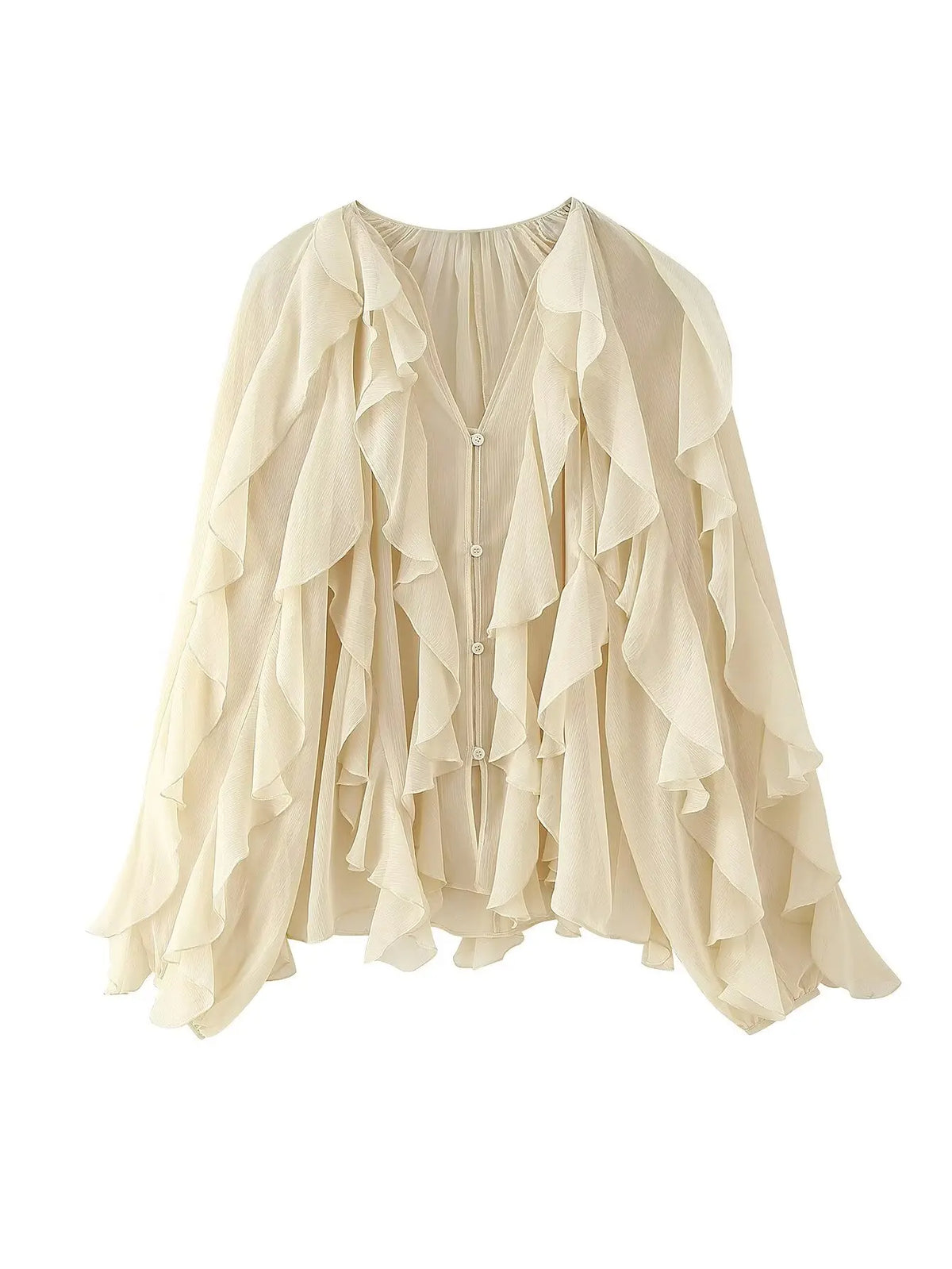 YENKYE New 2025 Women Sexy Semi-sheer Ruffle Shirt Long Sleeve V Neck Front Button Autumn Blouse Burgundy Blusas Mujer