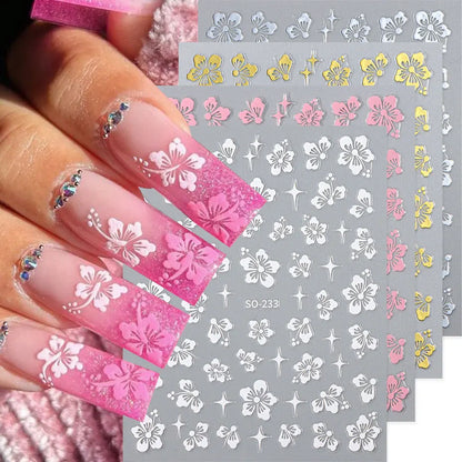 4pcs Hibiscus Flower Nail Art Sticker 3D White Pink Floral Decal Y2K Gold Silver Petal DIY Romantic Self-Adhesive Manicure Decor