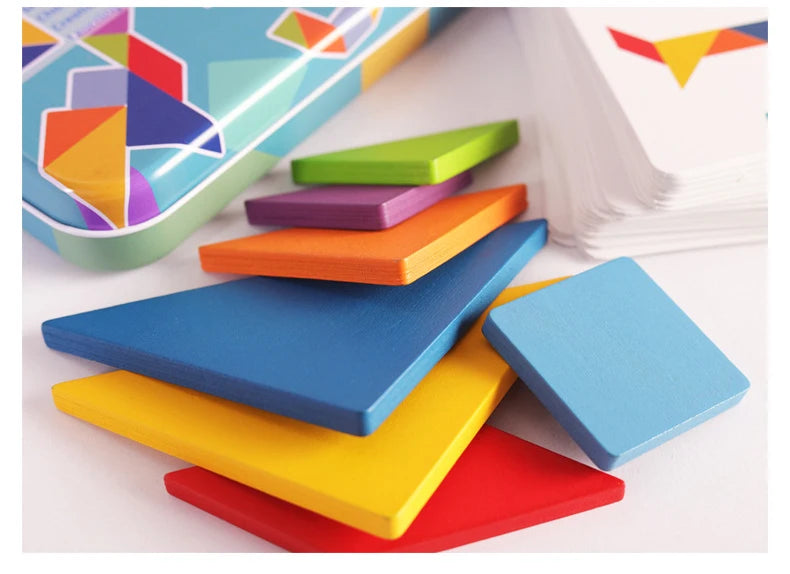 Children's Wooden Colorful Tangram Iron Box Storage Jigsaw Puzzle Puzzle Early Education Intelligence Number Letter Wooden Toys
