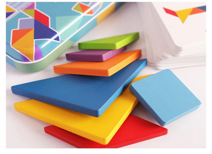 Children's Wooden Colorful Tangram Iron Box Storage Jigsaw Puzzle Puzzle Early Education Intelligence Number Letter Wooden Toys