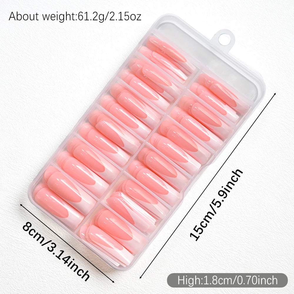 120Pcs Glossy Pink French Press On Nails 12-Sizes Long Square Fake Nails White Edge Design Full Cover French False Fingertips TD