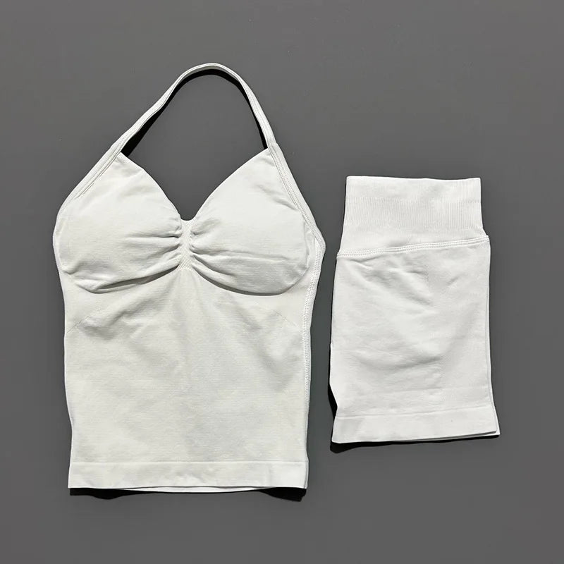 Yoga 2 Pieces Gym Set Women Backless Halter Tops High Waist Seamless Shorts Gym Suit Fitness Sports Bras Sportswear Workout Sets