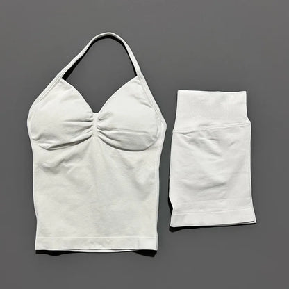 Yoga 2 Pieces Gym Set Women Backless Halter Tops High Waist Seamless Shorts Gym Suit Fitness Sports Bras Sportswear Workout Sets