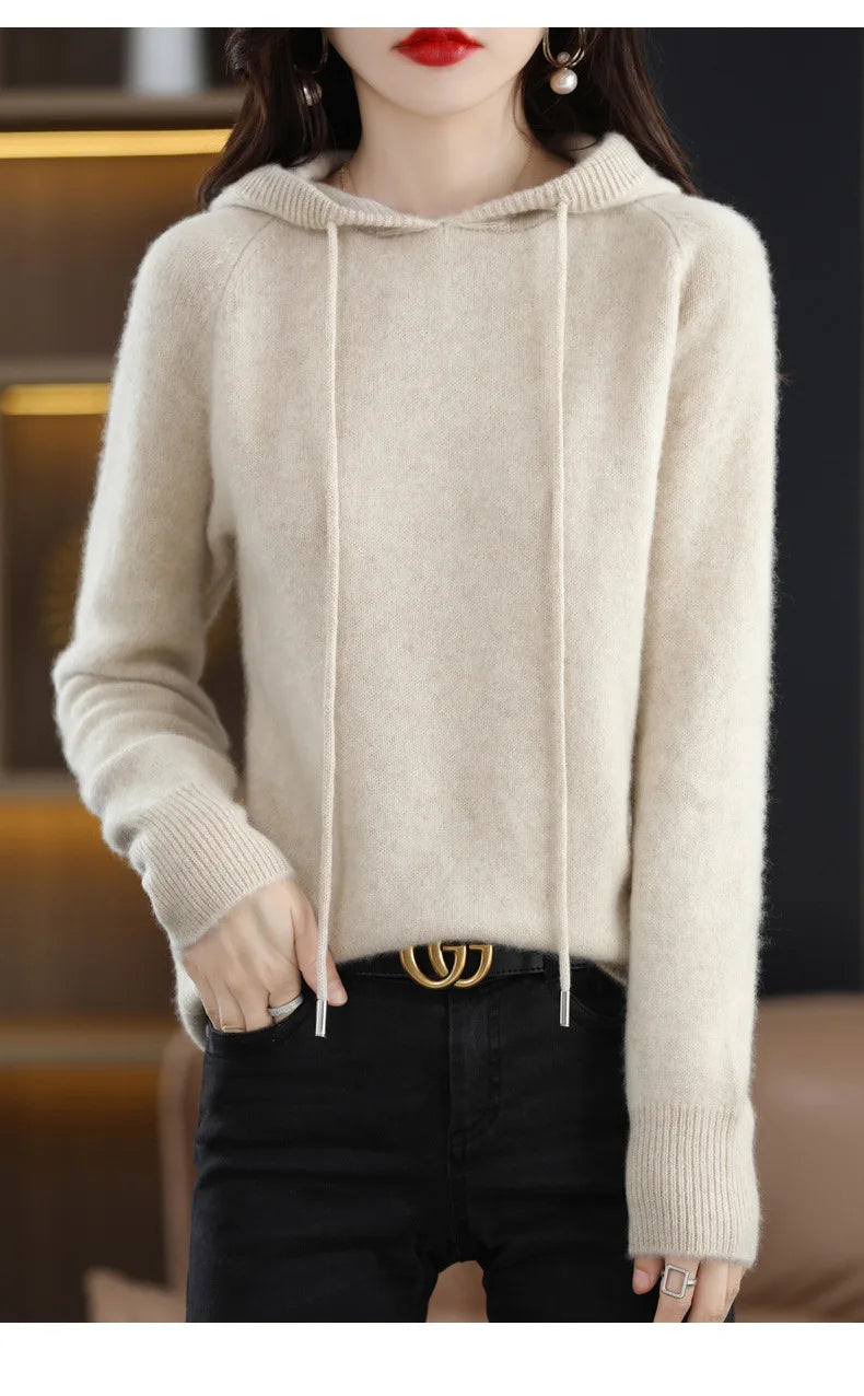 Hooded Sweater Fashion Women Autumn Winter Long Sleeve Solid Color Knitted Hoodies Lady Loose Drawstring Casual Pullover Hoodie