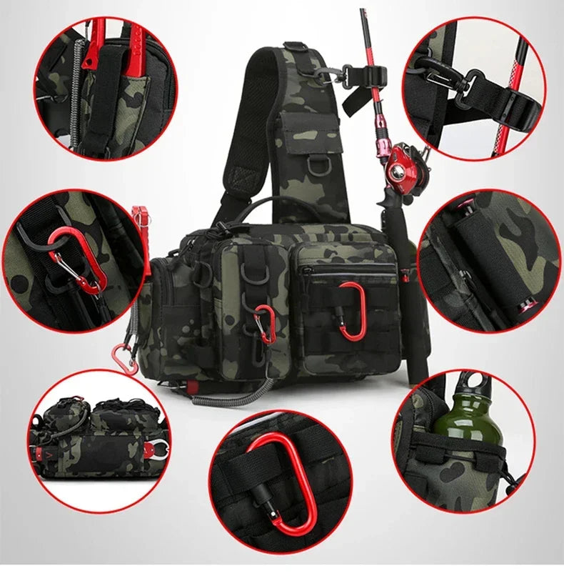 Large Capacity Fishing Gear Bag with Bait Box, 3-in-1 Shoulder Waist Crossbody Fishing Rod Storage Bag