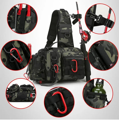 Large Capacity Fishing Gear Bag with Bait Box, 3-in-1 Shoulder Waist Crossbody Fishing Rod Storage Bag
