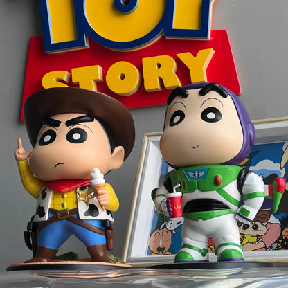 Cartoon Crayon Xiaoxin Cosplay Woody Buzz Lightyear Action Figure Statue Car Ornament Desktop Decoration Gift Collect Toys Model