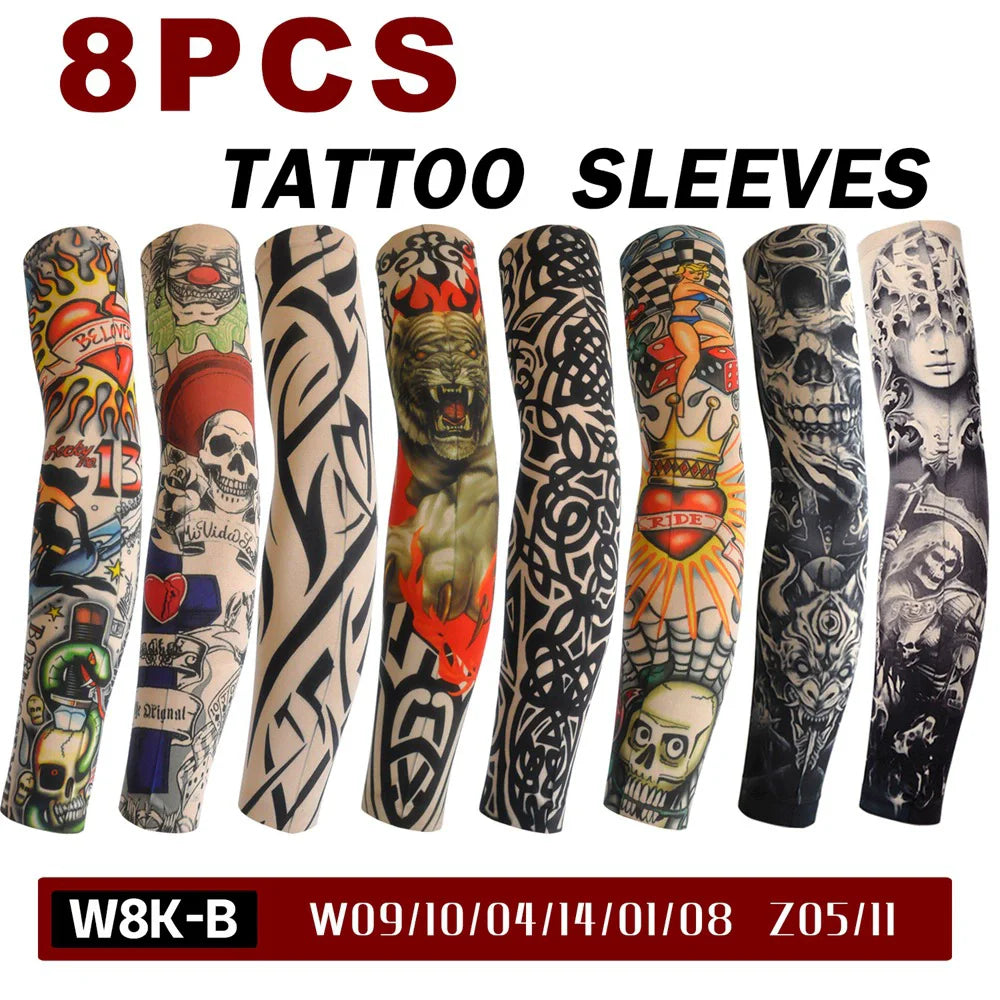 8 PCS Tattoo Sleeves Unisex Summer Cycling Sun Protection Arm Covers Beach Driving Fishing Breathable Nightclub Elastic Sleeves
