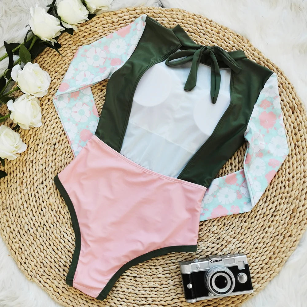 New Patchwork One-Piece Swimsuit Long Sleeve Swimwear Sports Backless Women's Swimming Bathing Suit Beach Wear Bather Surfing
