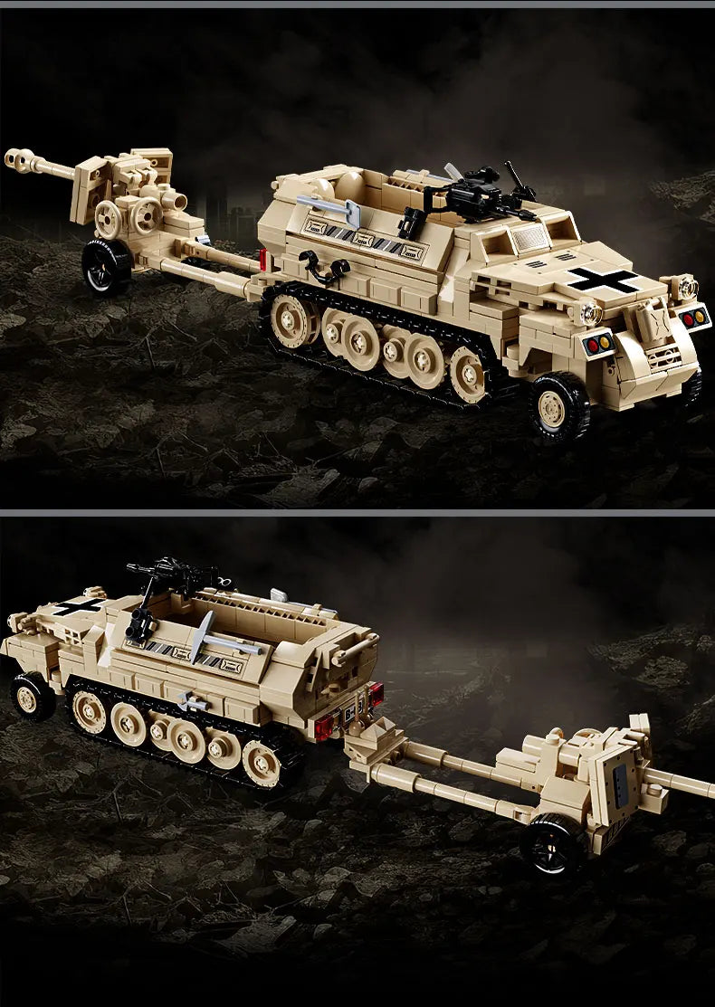 World War 2 WW2 Army Military Soldiers SWAT Half Tracked Armor Vehicle Trailer Assemble Building Blocks Bricks Children's Toys