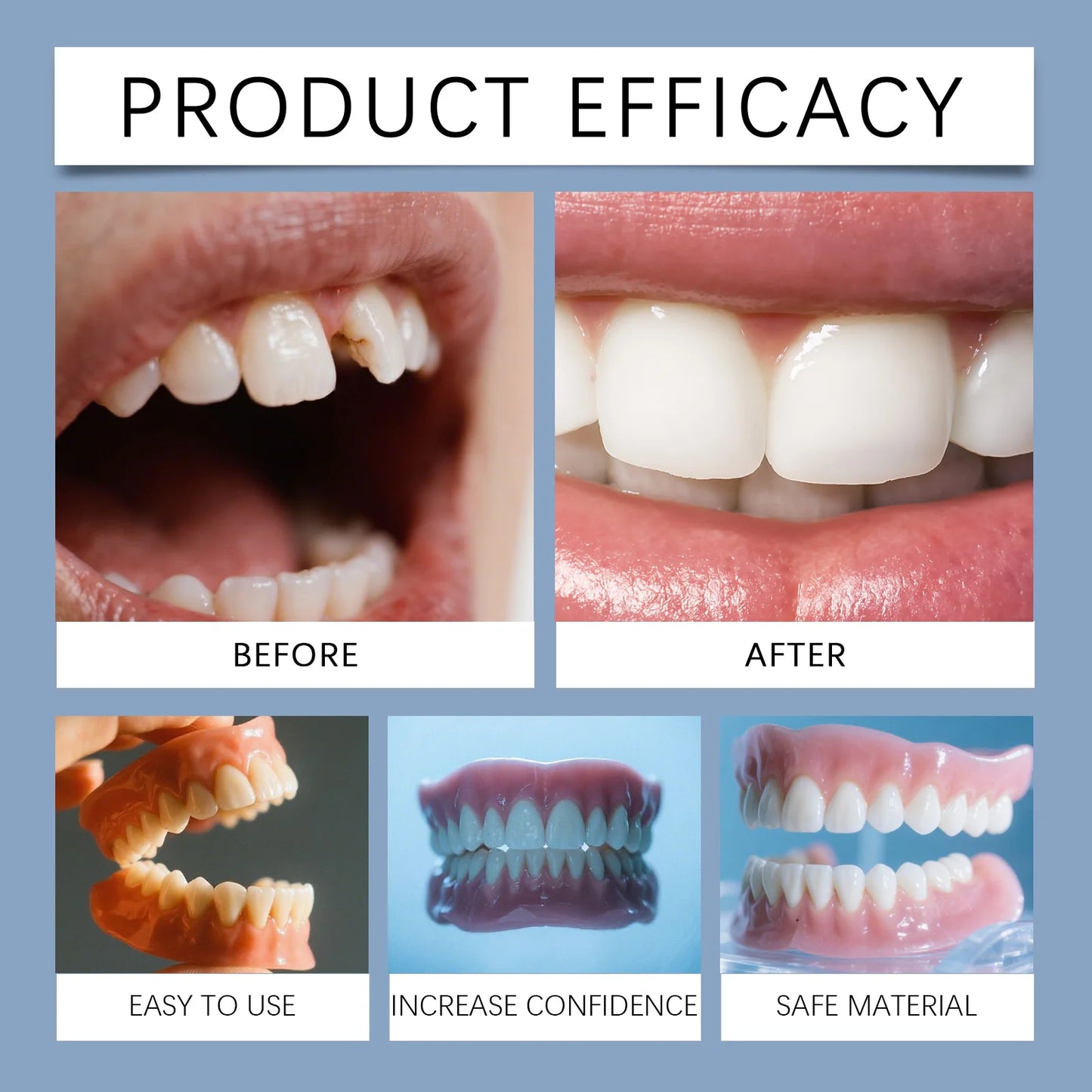 Adjustable Teeth Dentures Full Set Whitening Silicone Denture Set Fit Temporary Orthodontic Teeth Dentures Fake Tooth Oral