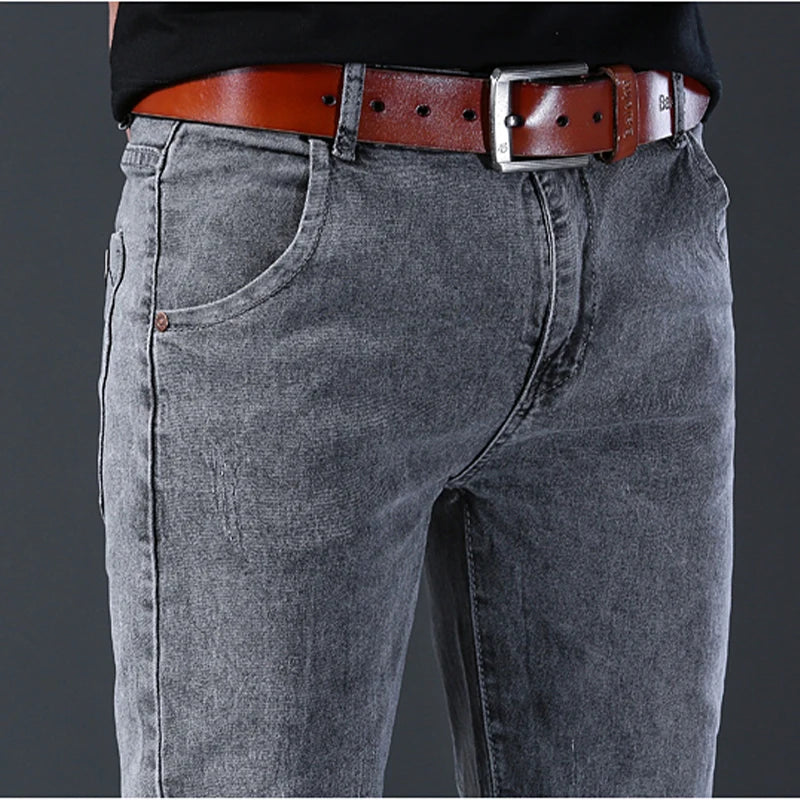 Men's Grey Mid-Waist Slim Stretch Jeans
