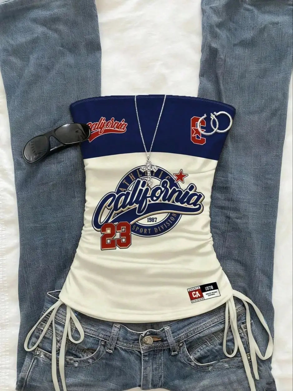 Printed Drawstring Tie-Front Crop Top