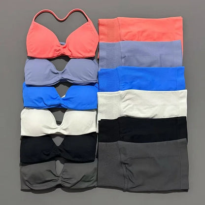 2 Pieces Yoga Gym Set Women Seamless Strappy Yoga Bra High Waist Workout Scrunch Shorts Sports Set Fitness Clothes Sportswear