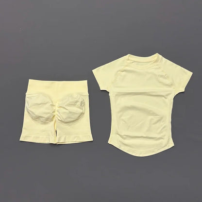 2 Pieces HISTELLO Sports Sets Short Sleeve Seamless Yoga Top Fitness Set Women Workout Running Sports Shorts Gym Suit