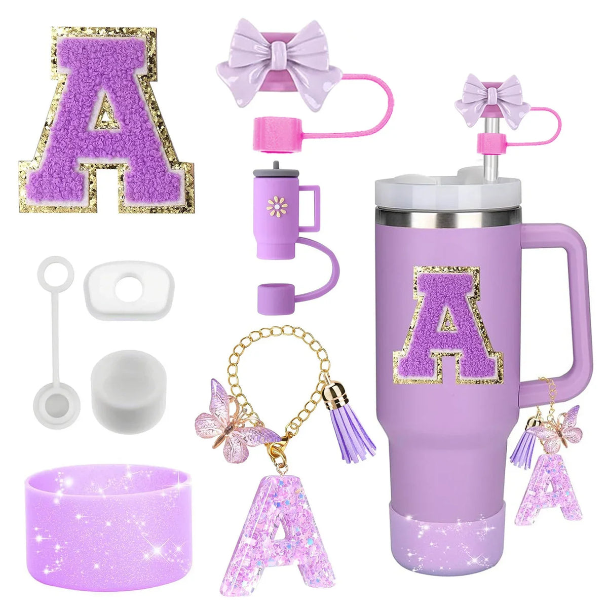 8PCS Accessories Set for Stanley Cup Purple 30oz 40oz tumbler Silicone Straw Topper Cover Cap Boot Handle Charm Initials Sticker