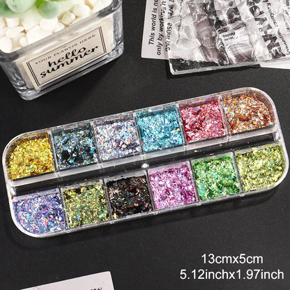 12 Grids Holographic Glitter Nail Art Sequins Sparkly Irregular Nail Flakes Powder Nail Art Mermaid Makeup Manicure Decorations
