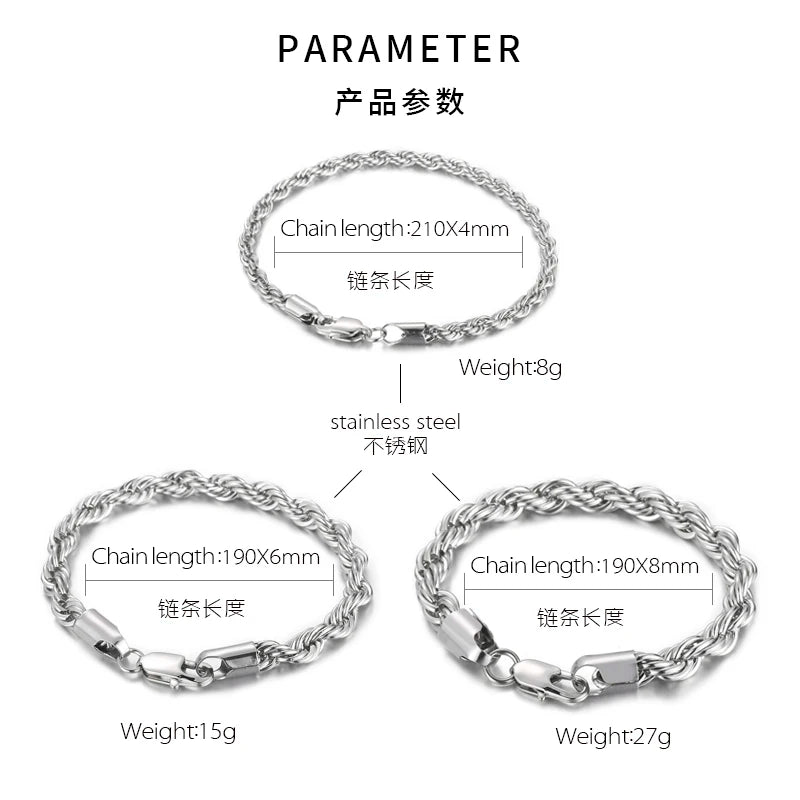 4/6/8mm Stainless Steel Bracelets For Men Women Gold Color Twisted Rope Link Chain Bracelets On the Hand Jewelry Gifts